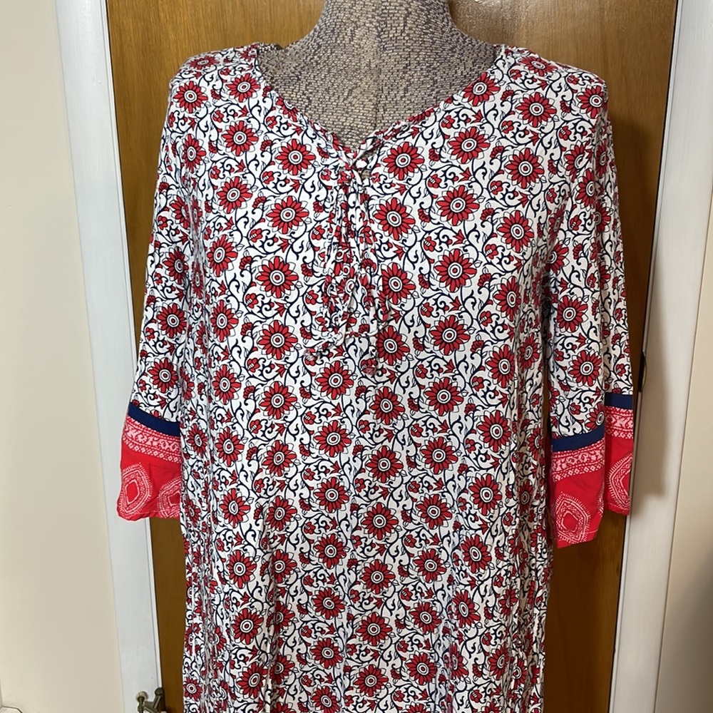 Espresso Womens XL Dress 1/2 Sleeves Floral Red White Blue Design - Picture 4 of 8